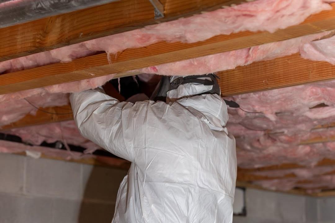 Removing old insulation from between the joists in full protective gear