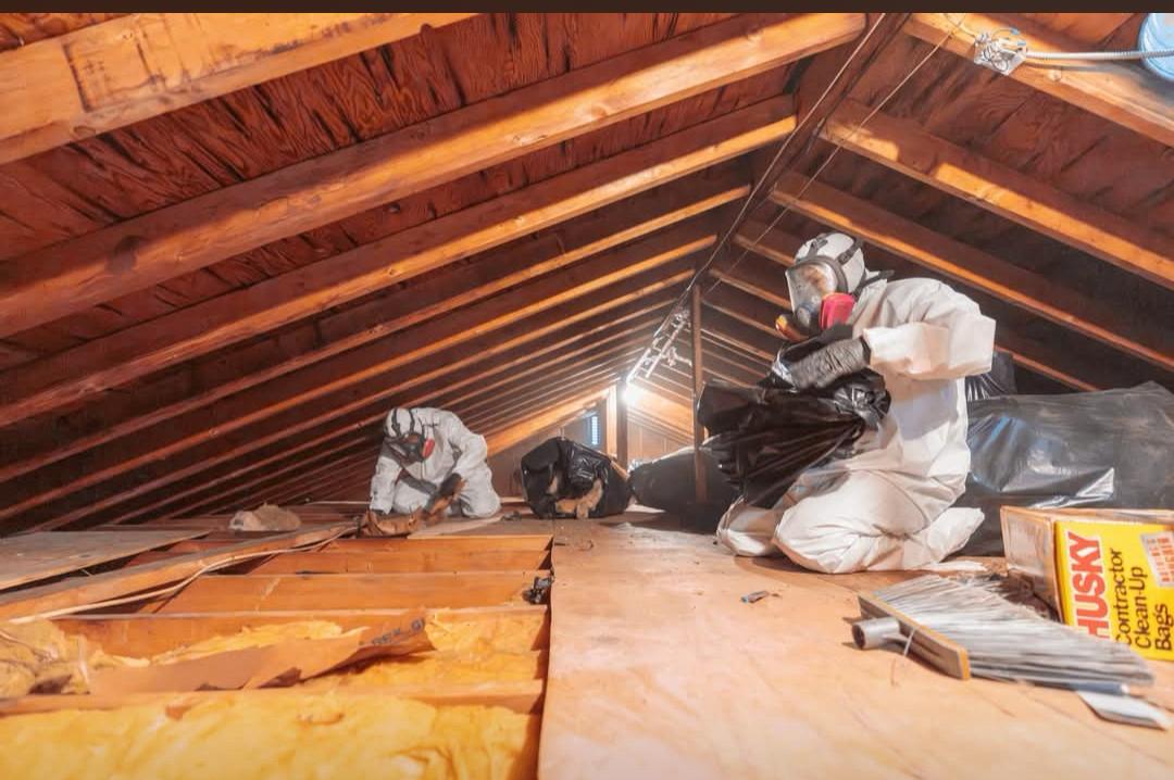 Technicians in full protective suits and respirators removing contaminated attic materials