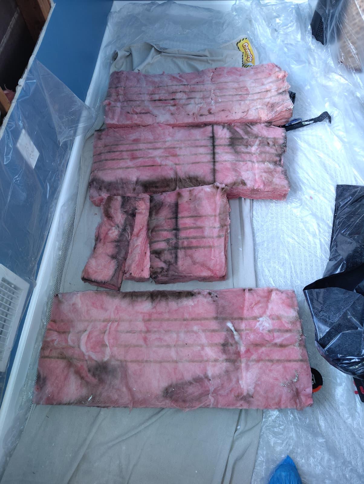 Mold-contaminated fiberglass insulation removed and bagged for disposal