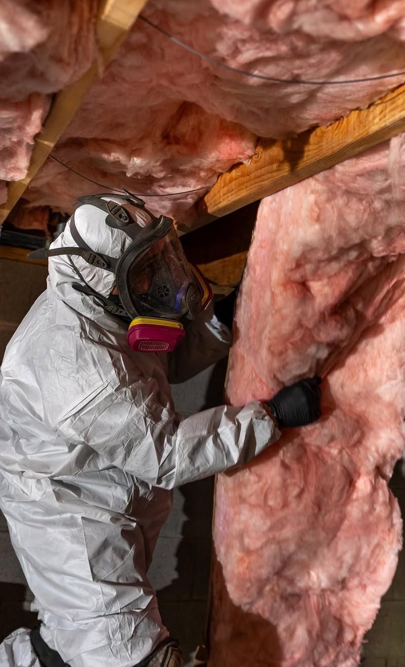 Technician in PPE pulling out old mold-contaminated fiberglass insulation