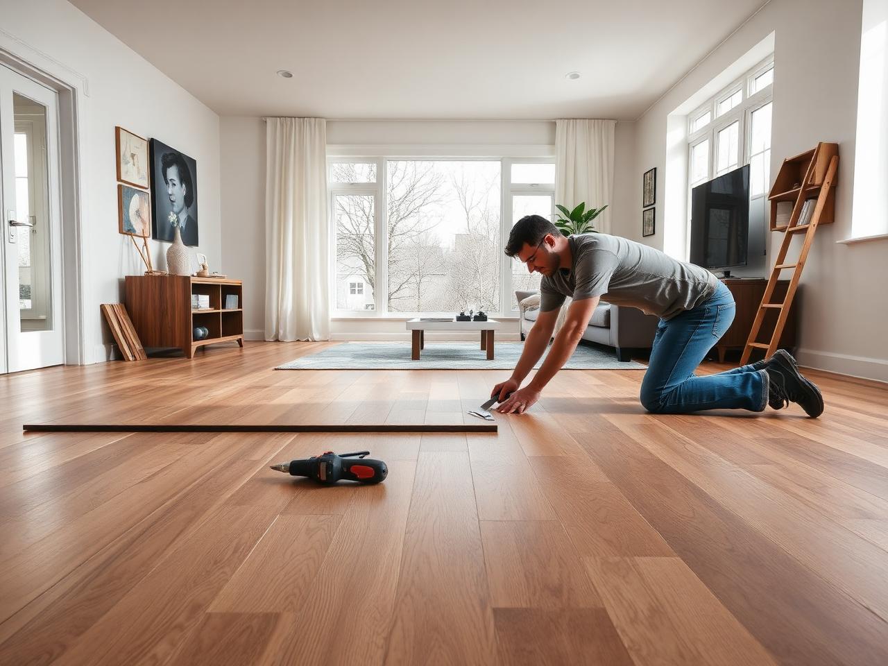 Installer laying wide-plank hardwood flooring in a bright living room