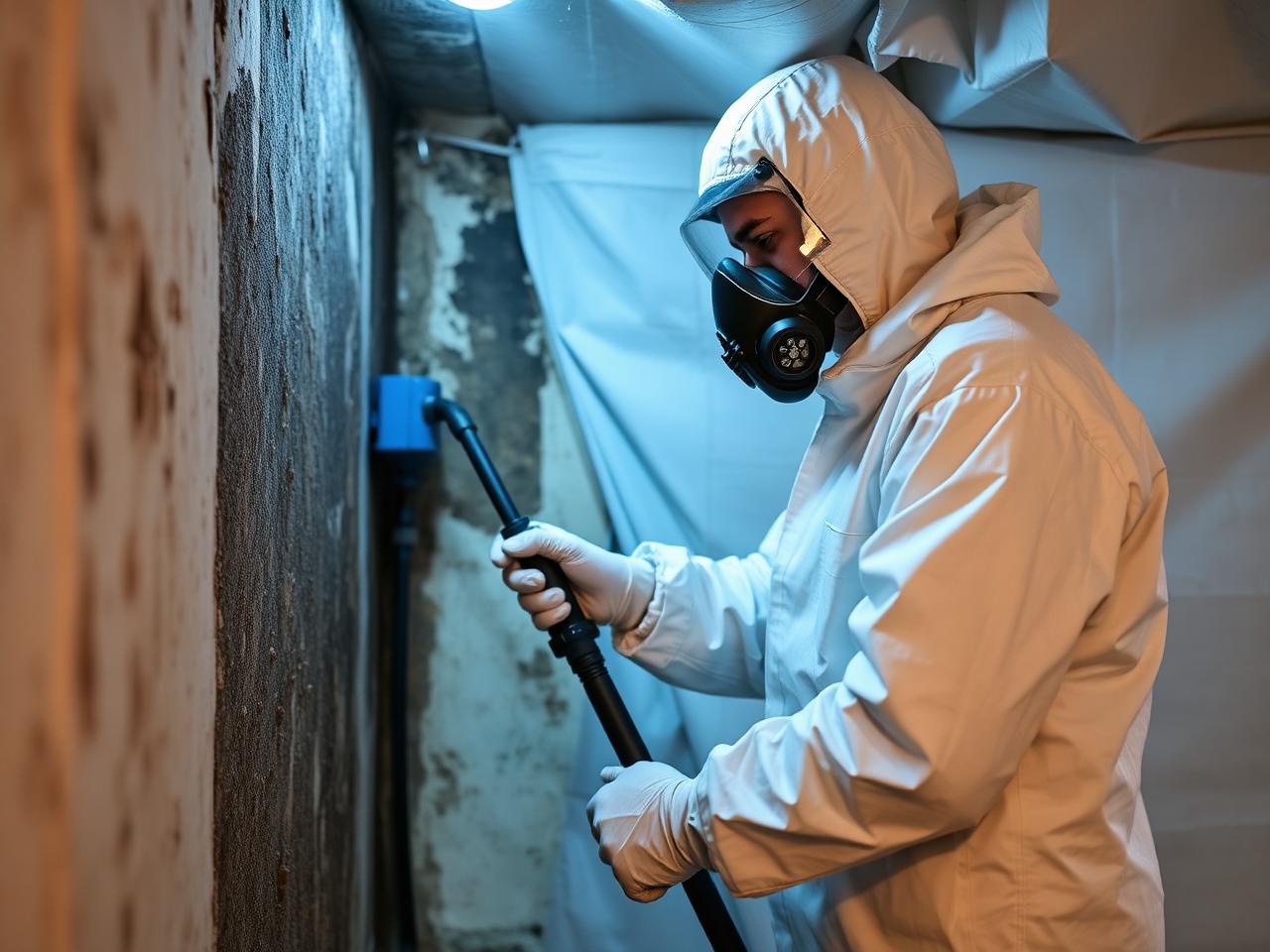 Certified technician safely removing mold from a basement wall